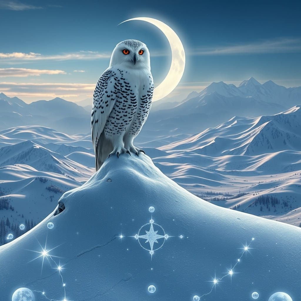 Majestic Snowy Owl beneath Crescent Moonlit Landscape