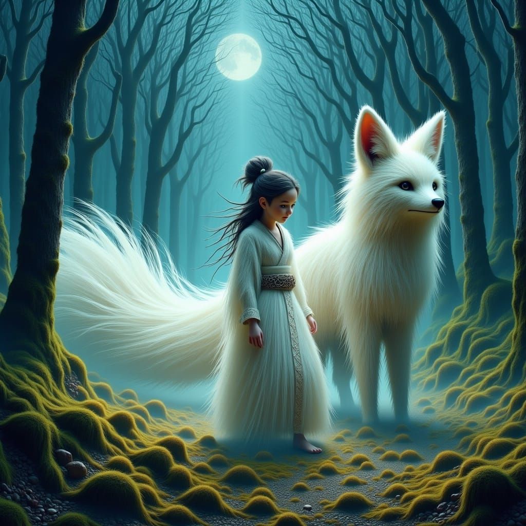 Girl Guides Luminous Fox Through Moonlit Forest