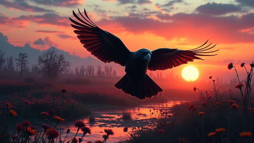 Cyberpunk Sunset with Majestic Jackdaw and Wildflowers in Ne...