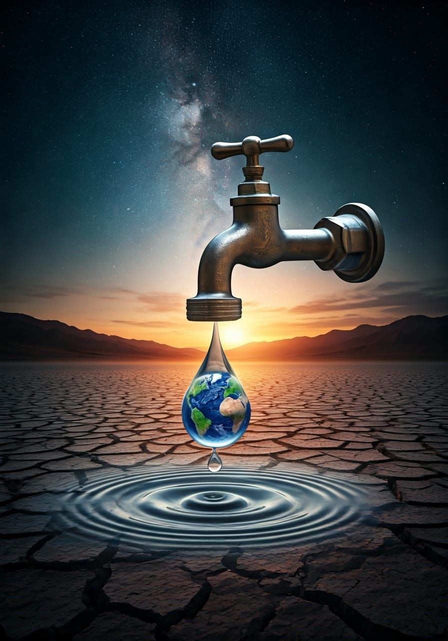 Desert Faucet with Earth in Water Droplet