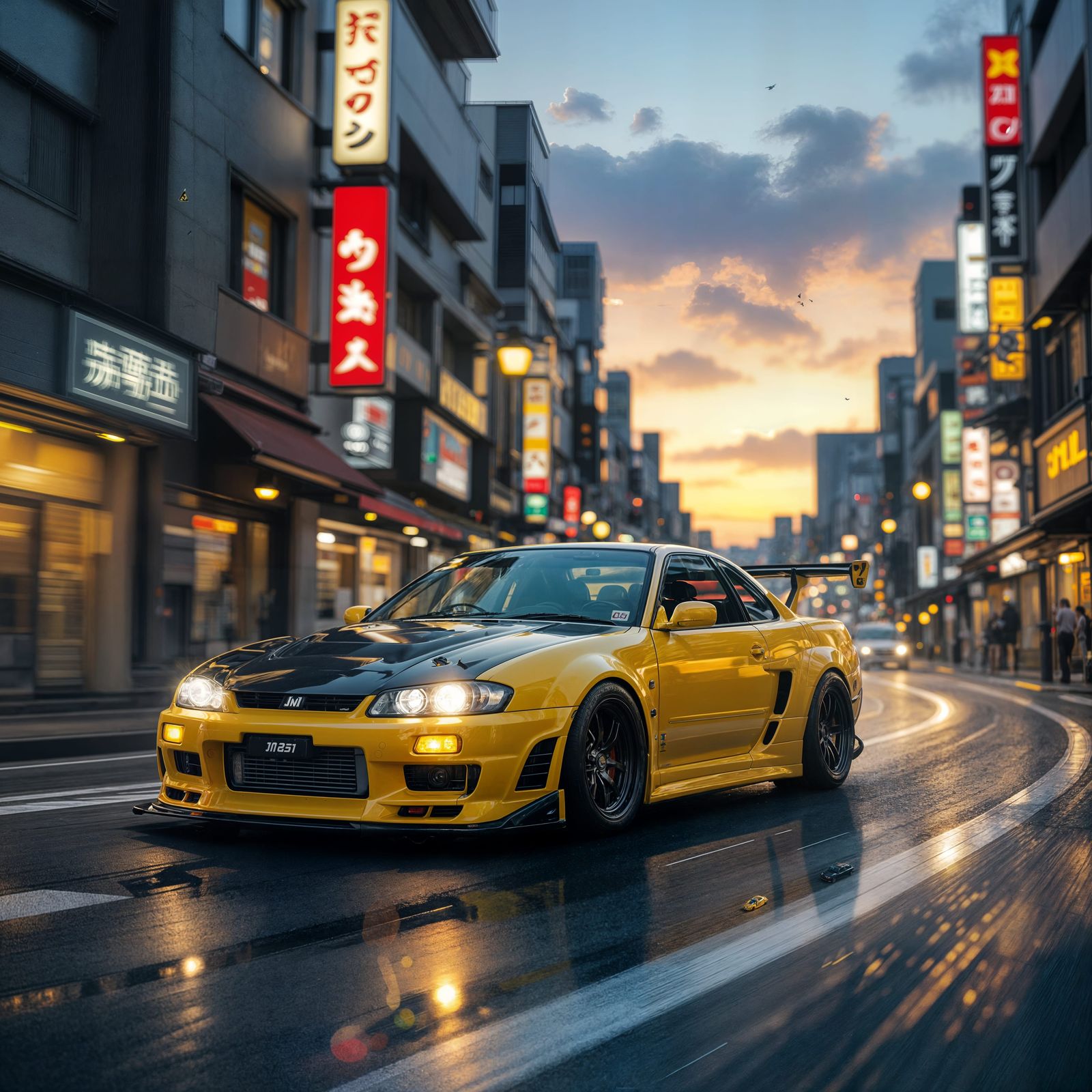 Yellow and Black JDM Car Speeds Through Tokyo Streets