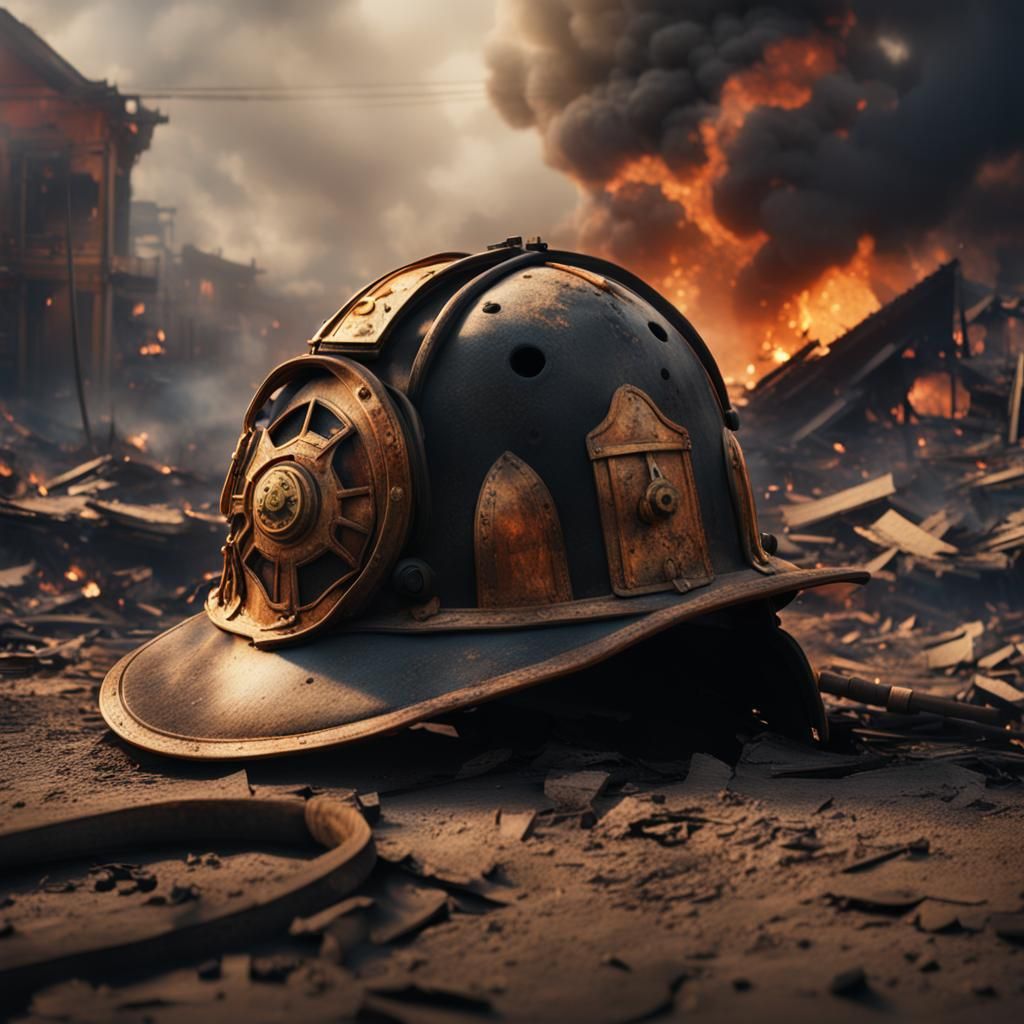 Destroyed Fireman's Helmet: Dramatic Digital Painting