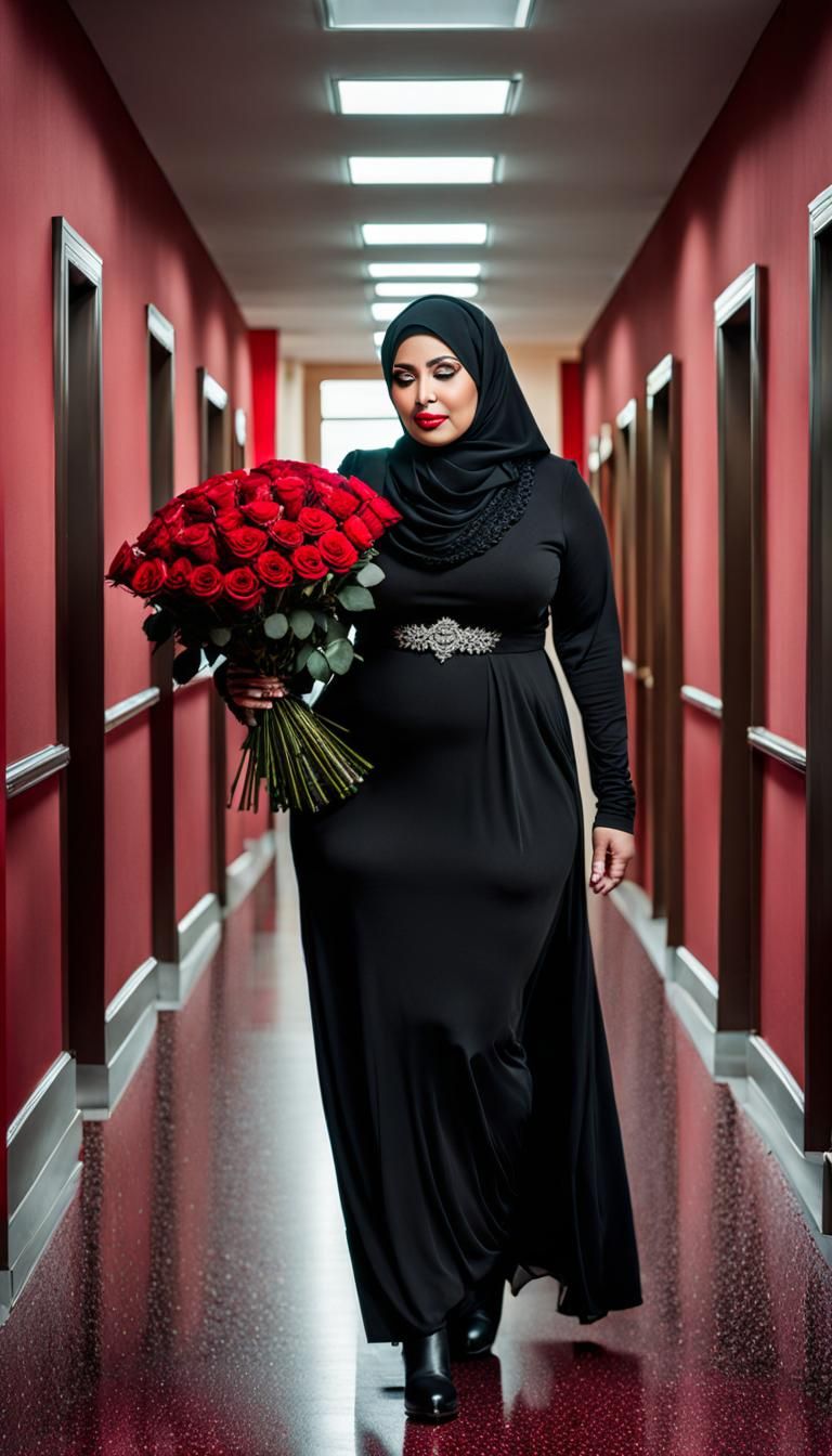 Sad Hijabi Woman with Roses in Hyperrealistic Style