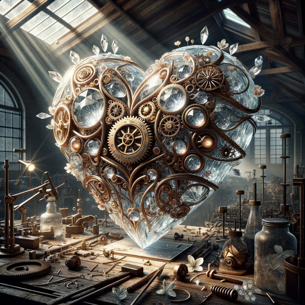 Steampunk Crystal Heart with Gears and Flowers