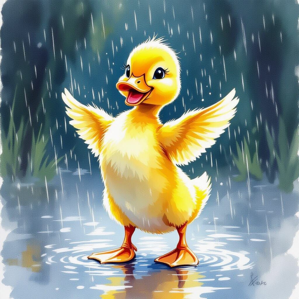 Yellow Duckling Dances in the Rain as Watercolor Painting