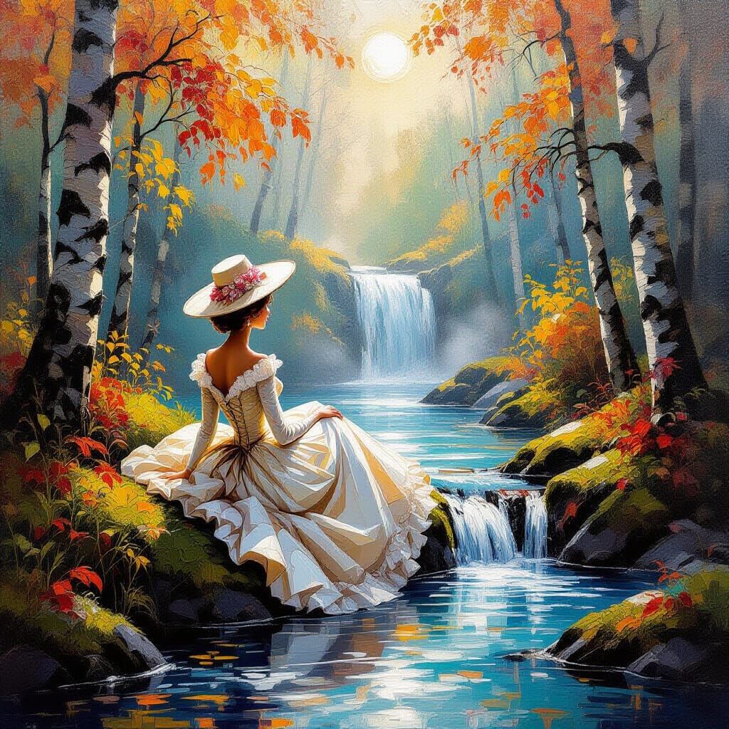 18th Century Fashionista at Misty Autumn Waterfall
