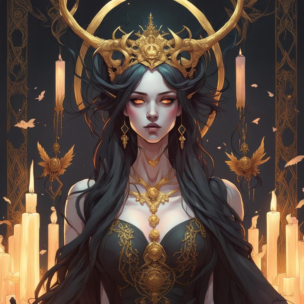 Gothic Goddess Illustration with Gold Linings