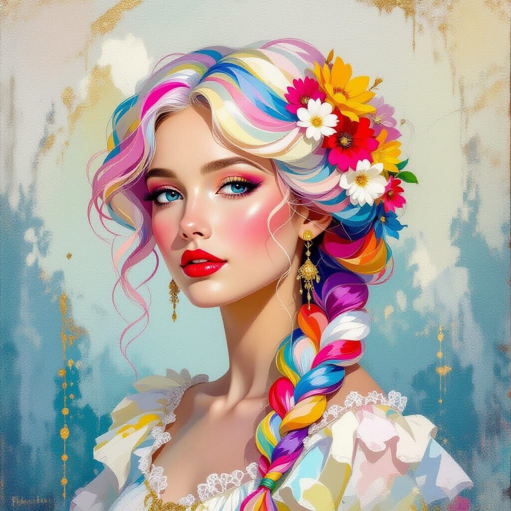 Woman with Colorful Hair in Metamodern Style