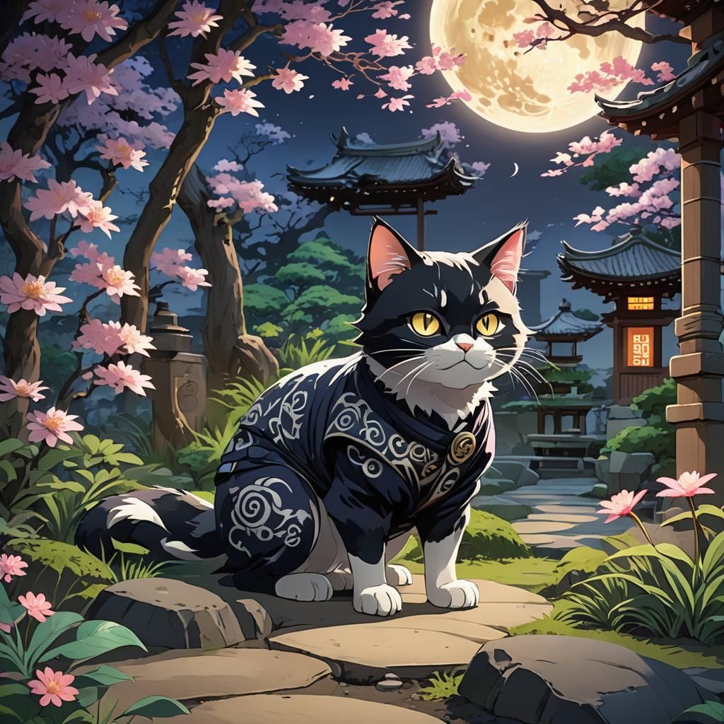 Ninja Cat Silhouetted in Japanese Garden at Night