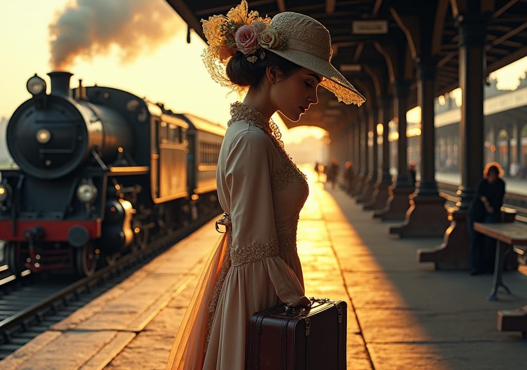 Elegant Lady's Farewell at Vintage Train Station