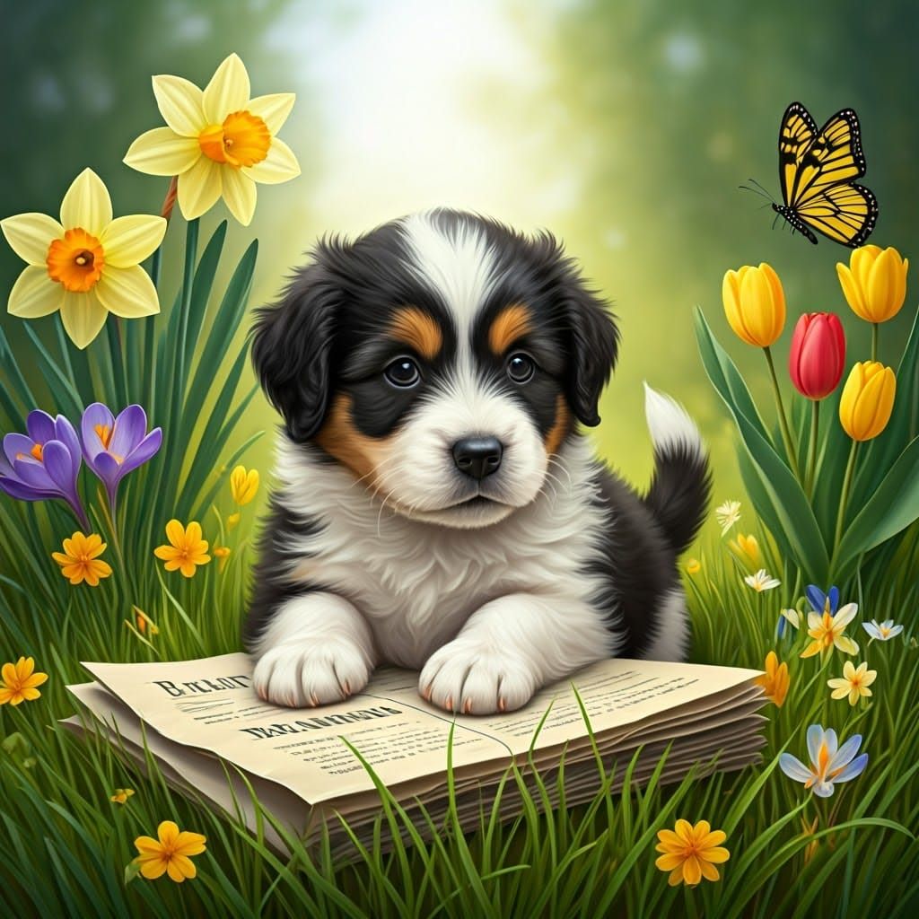 Joyful Puppy in a Vibrant Spring Landscape, in Impressionist...