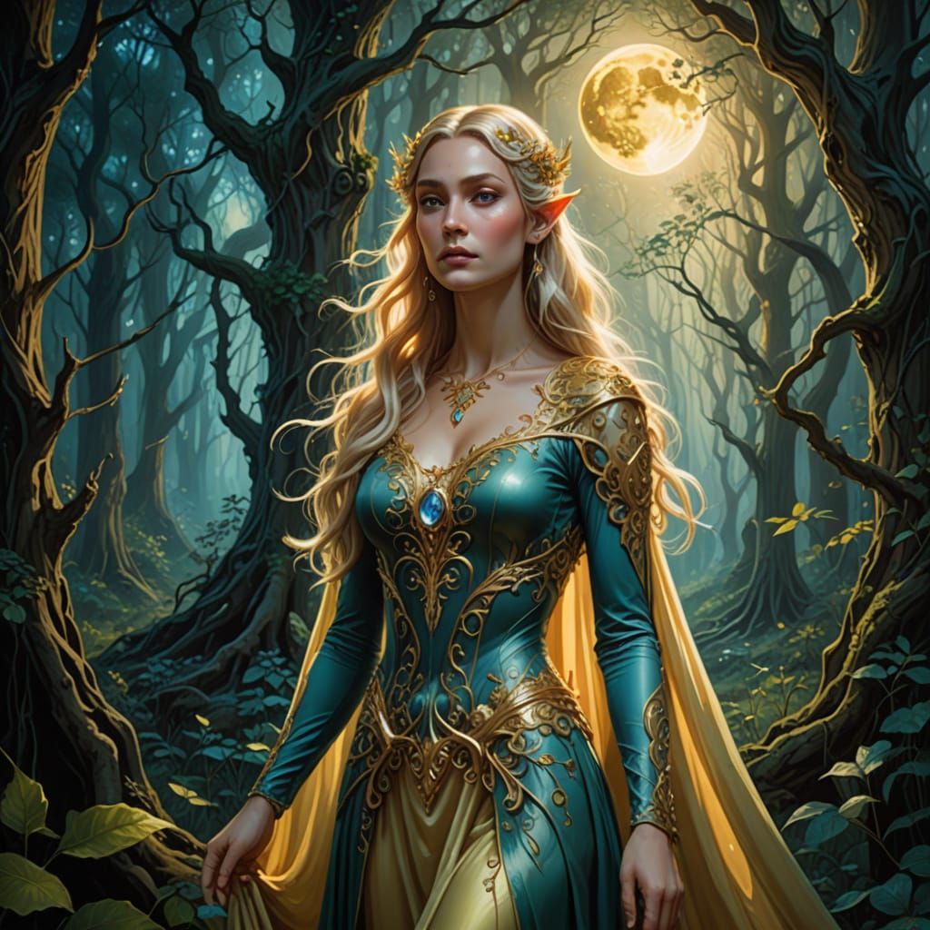 Elegant elf walking through the forest