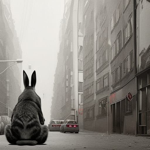 Rabbit in Post-Apocalyptic City, Hyperrealistic Portrait