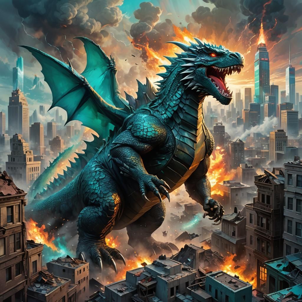 Godzilla and Dragon Clash in Ruined Cityscape