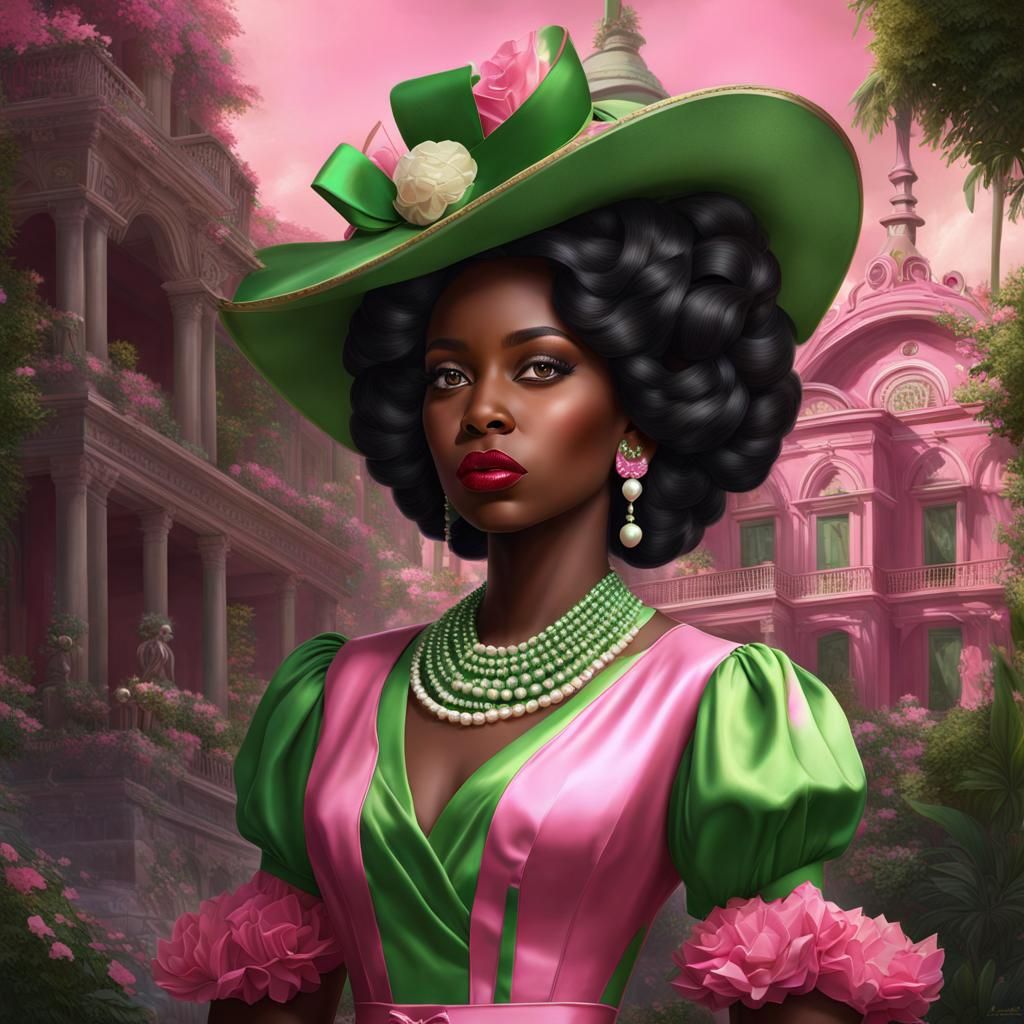 Vintage Portrait of Girl in Pink and Green, Detailed Matte P...