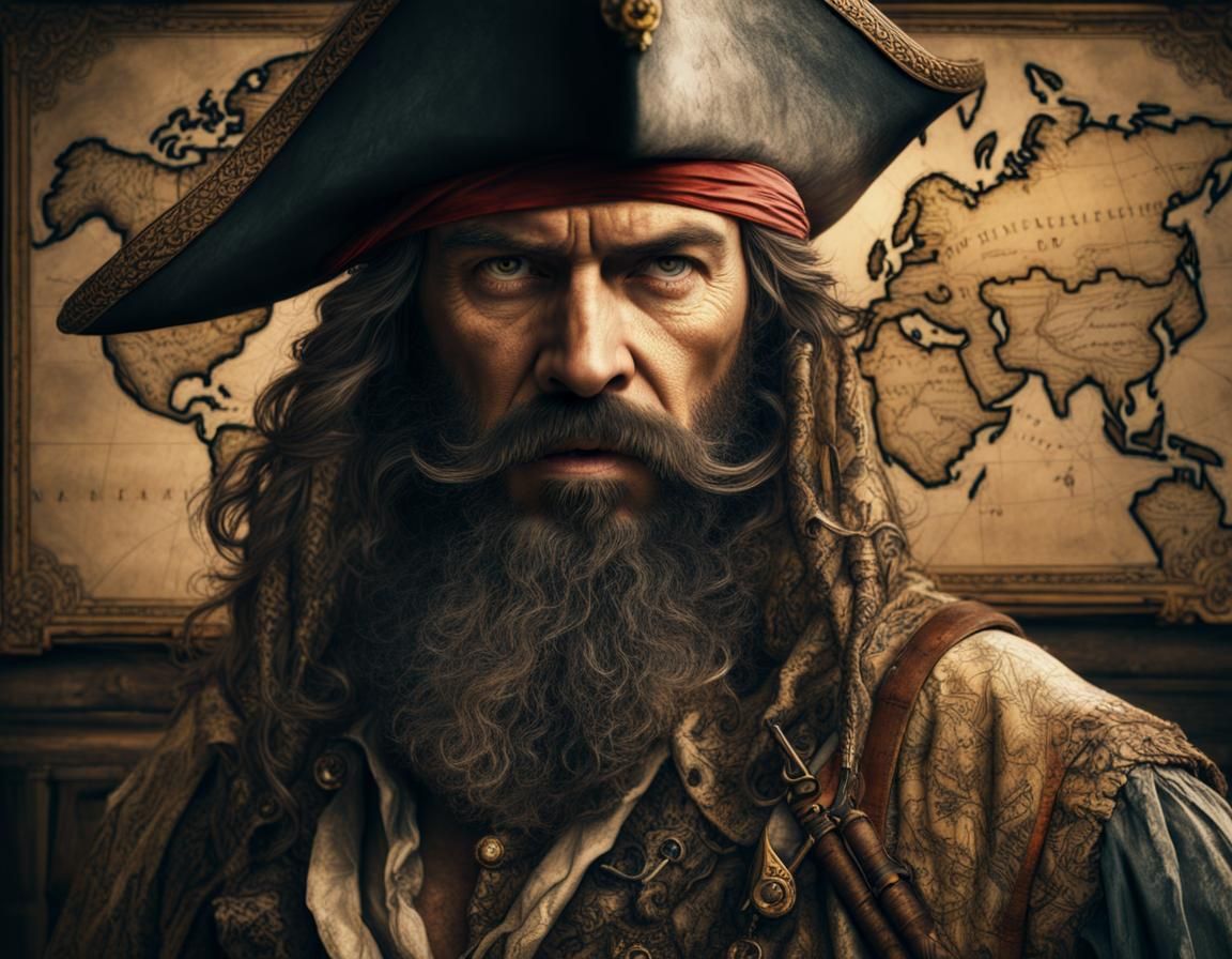 Blackbeard Pirate Portrait with Ancient Map