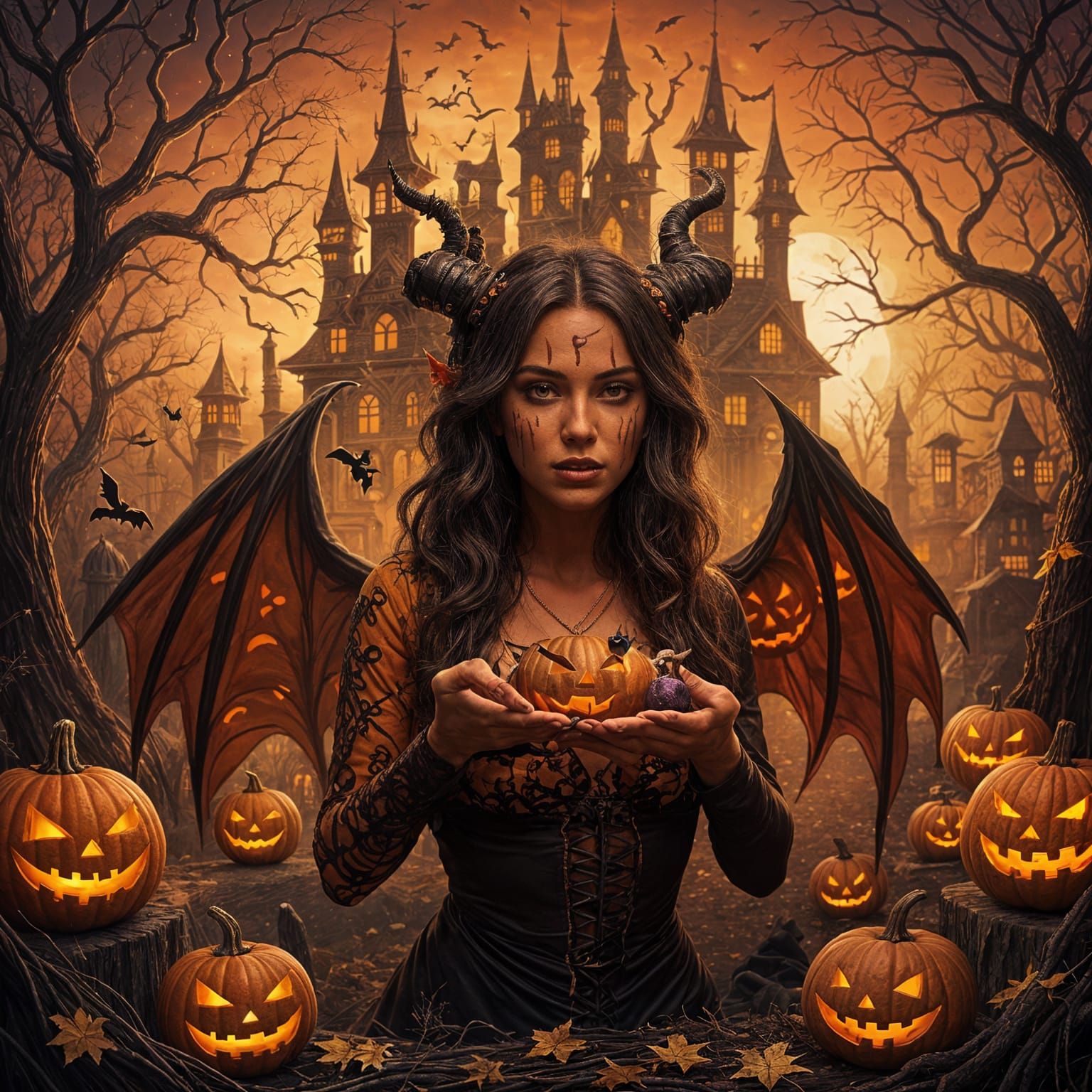 Spooky Halloween Night with Glowing Pumpkins and Silhouetted...