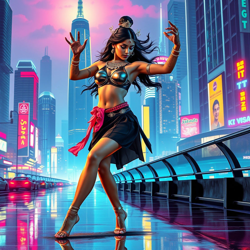 Futuristic Indian Dancer in Sky-Town, Digital Art