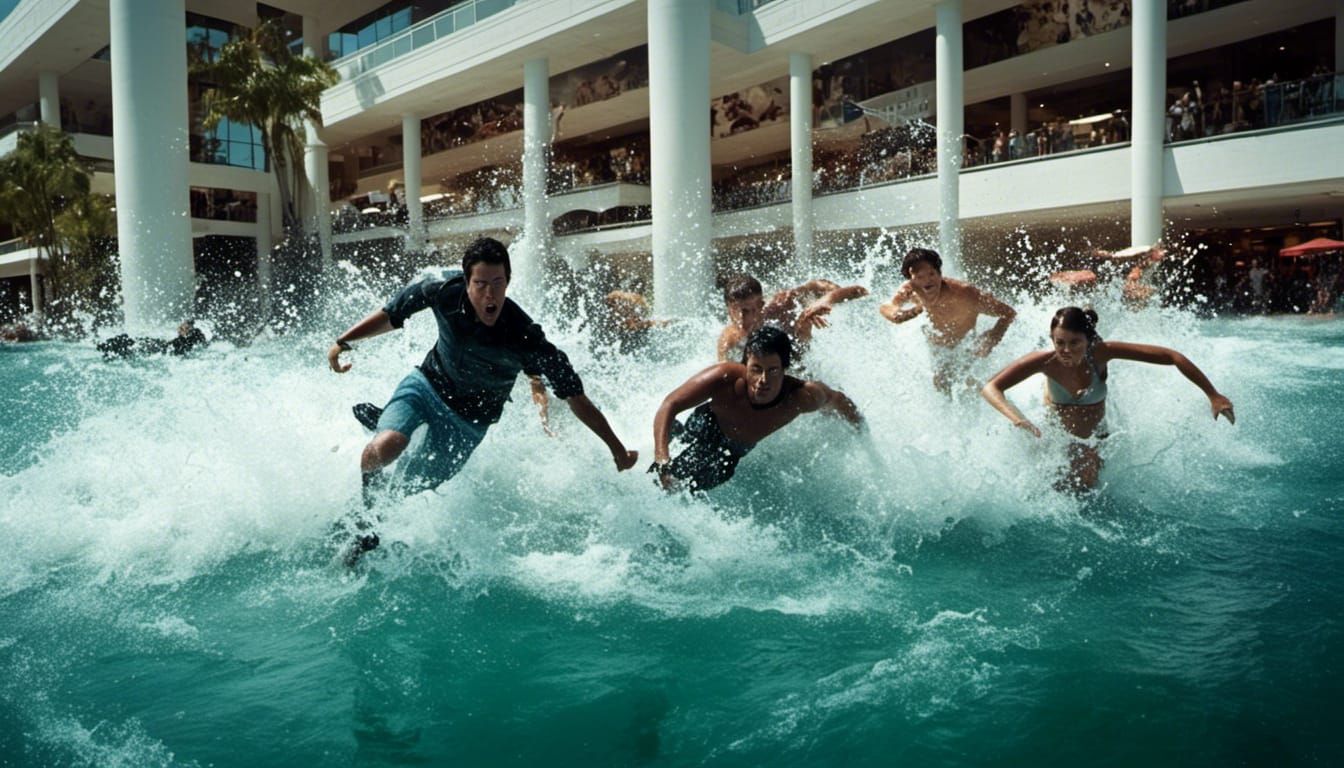People Fleeing Tsunami Wave, Dramatic Action Photograph