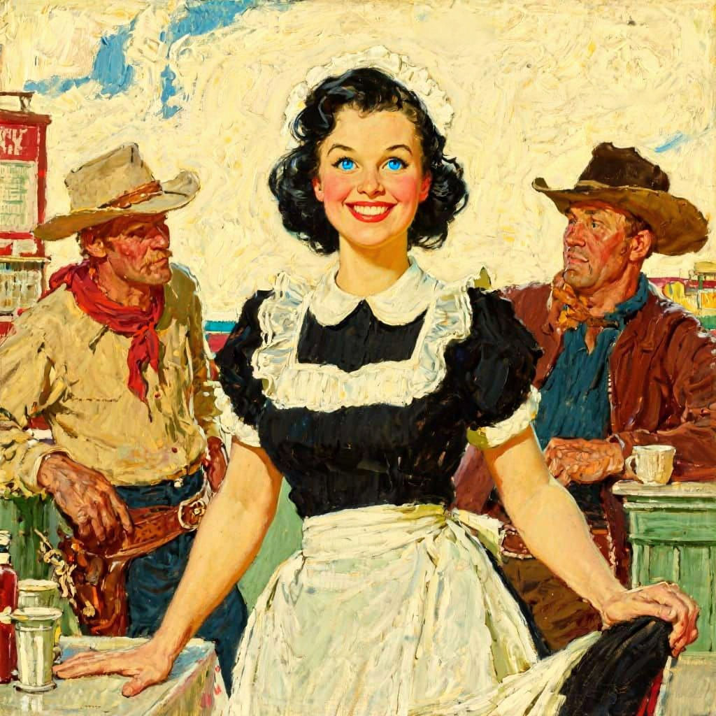 Whimsical Western Waitress in Rockwell Style