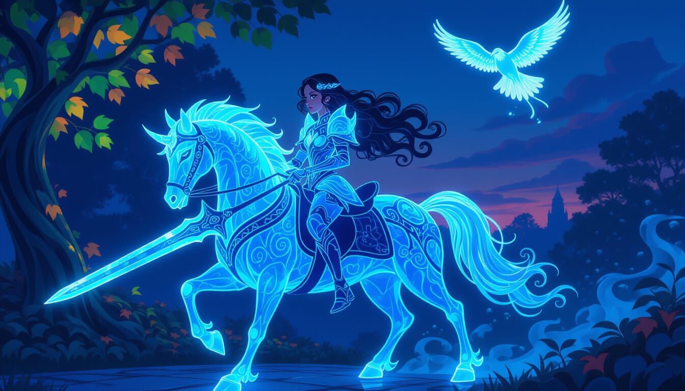 Blue Glowing Warrior Girl on Crystal Horse