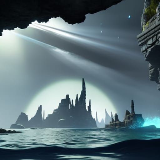 Underwater Lost City with Sunrays, Fantasy Concept Art