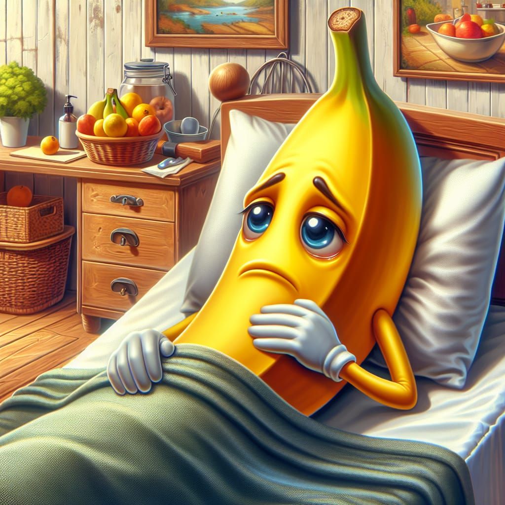 Sad Cartoon Banana in Bed: Oil Painting