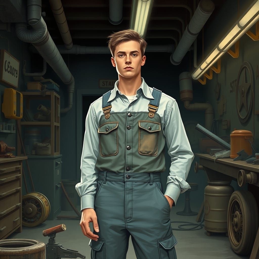 Classic Mechanic in Nostalgic Futuristic Garage