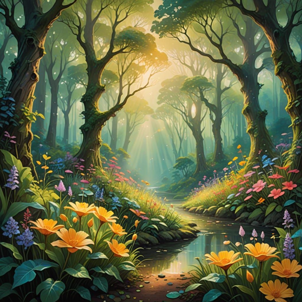 Enchanted Forest Sanctuary in Whimsical Oil Painting Style