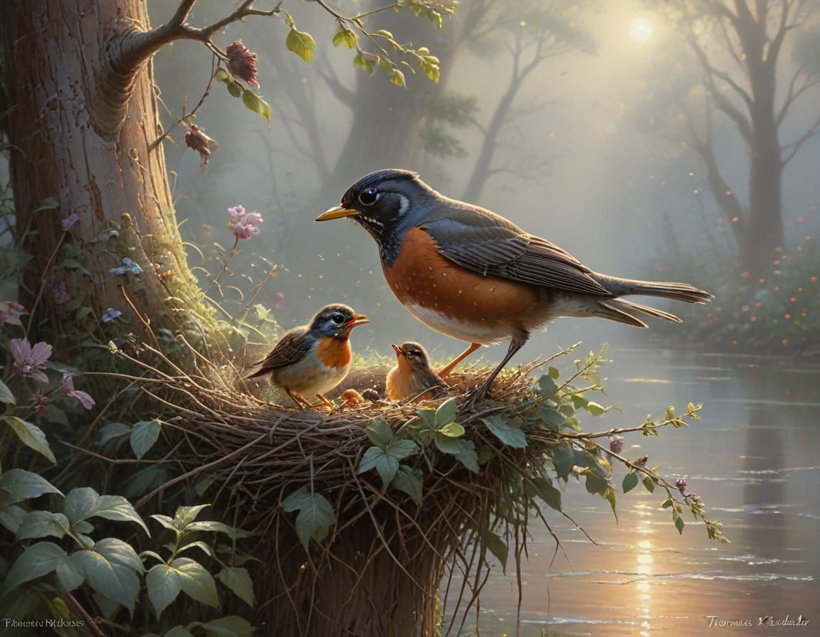 American Robin Feeds Chicks in Misty Ethereal Scene