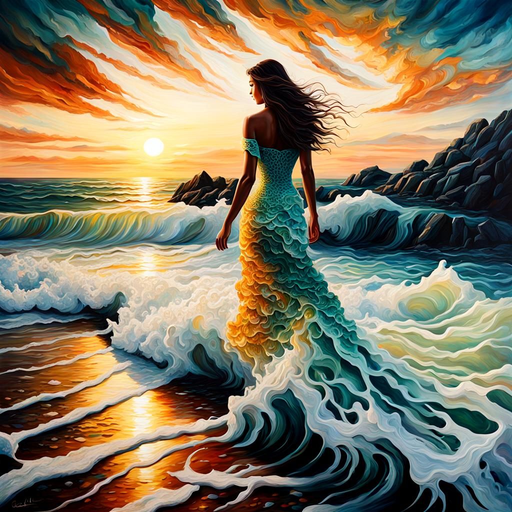 Seafoam Woman Emerges from Ocean as Impasto Painting