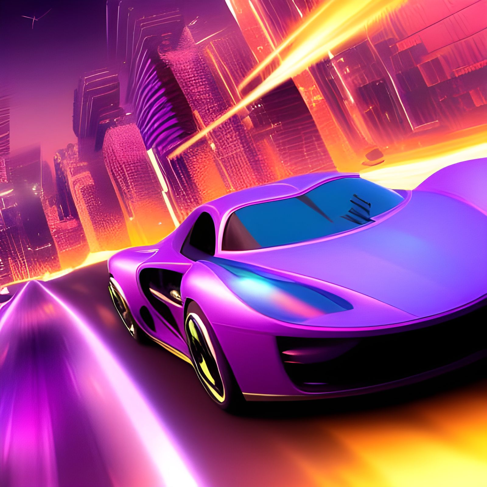 Flying Purple Car Over Neon Cityscape