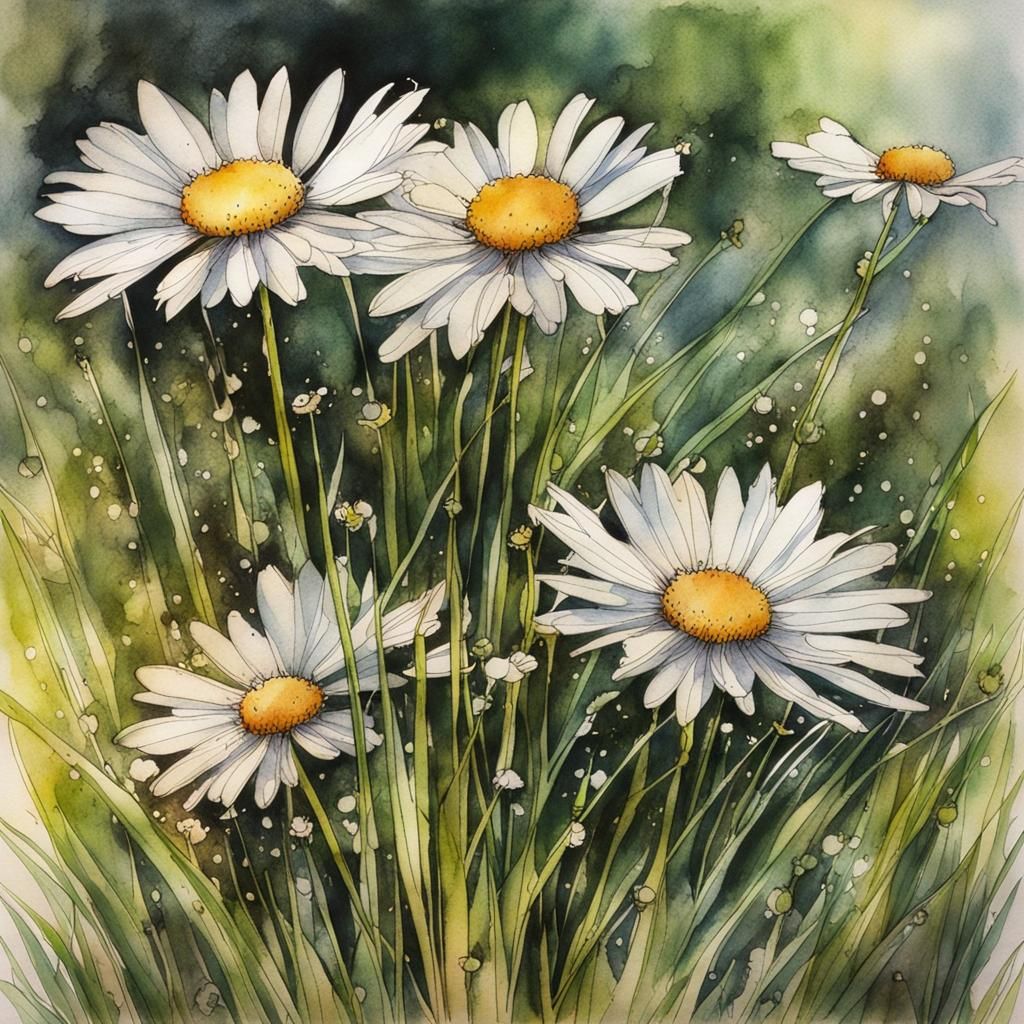 Daisies in Dew, Rackham Style Watercolor
