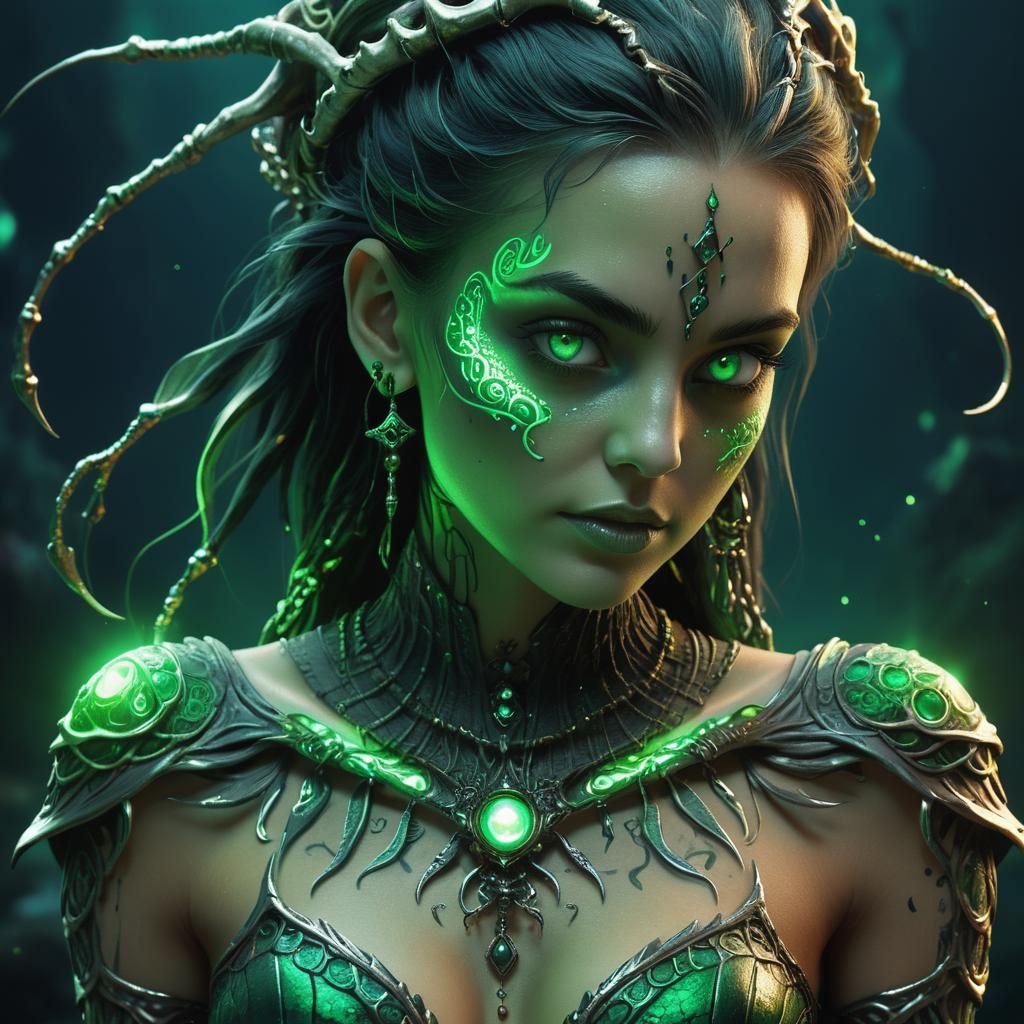 Mermaid Necromancer with Glowing Tattoos in Fantasy Art