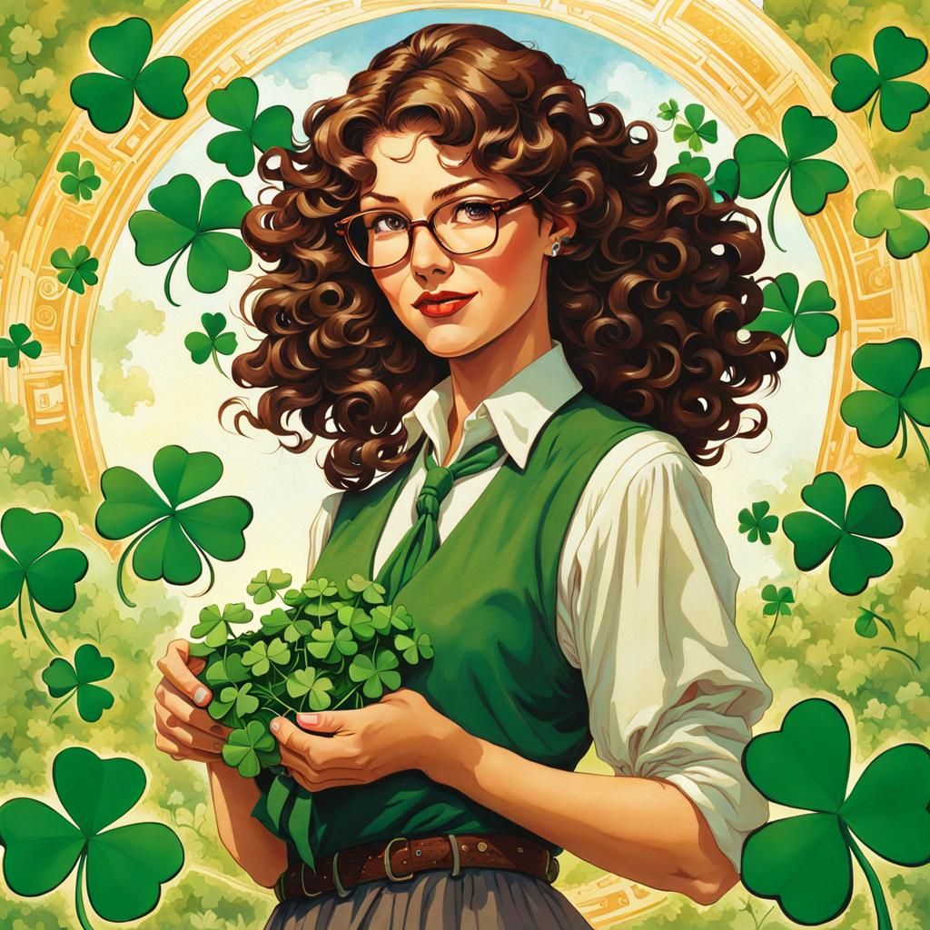 Sultry Teacher with Clover in Art Nouveau Style