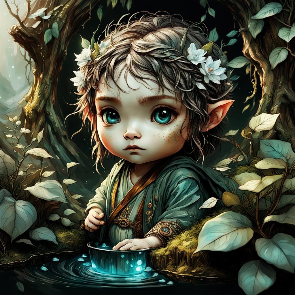 Chibi Hobbit Baby in Detailed Fantasy Home