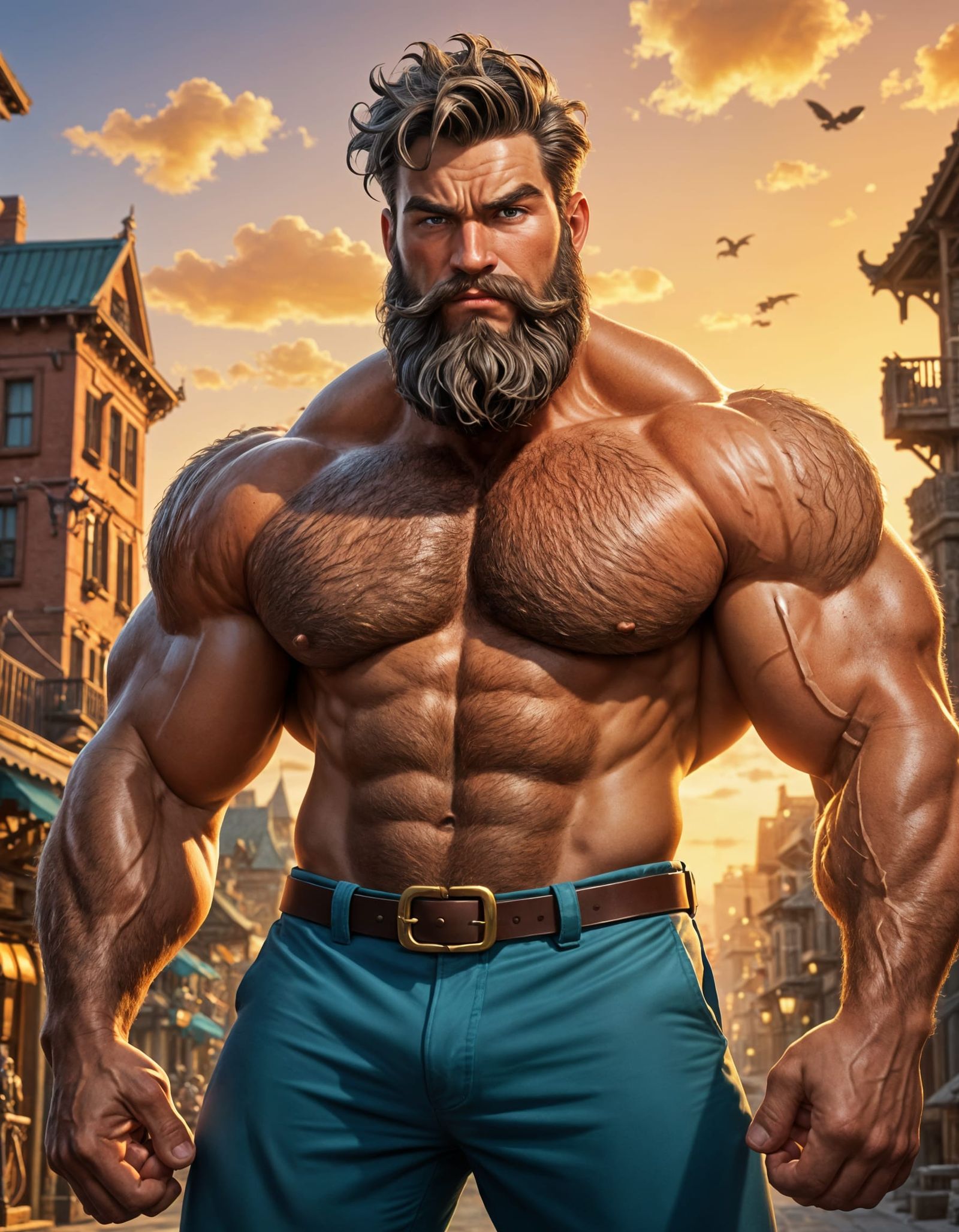 Disney-Inspired Muscular God with Wild Body Hair and Vibrant...