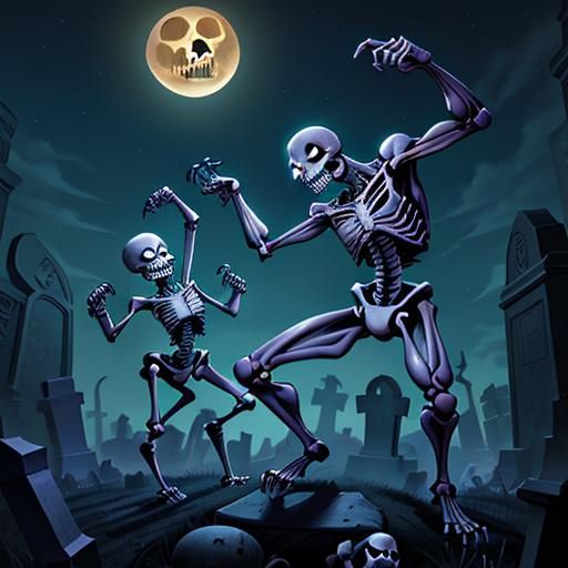 Dancing Cartoon Skeletons in Graveyard at Night