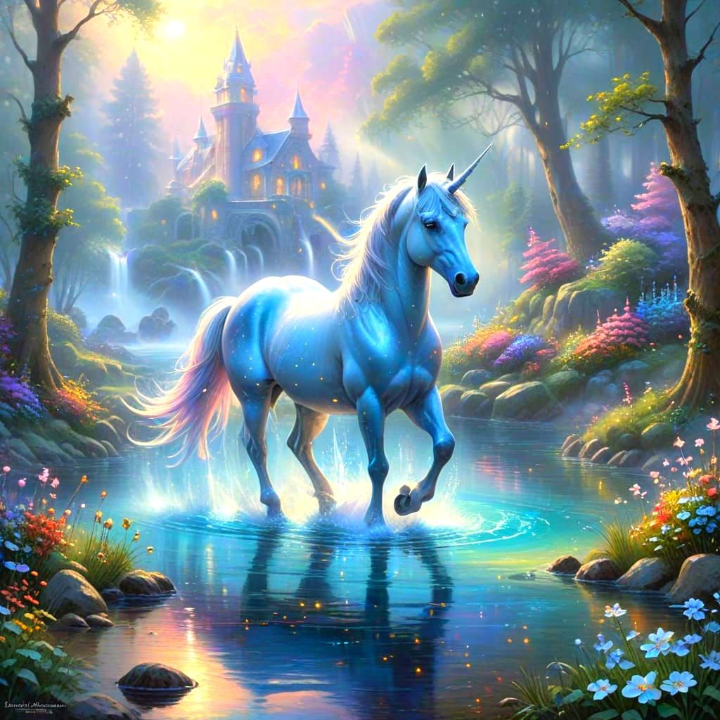 Ethereal Water Unicorn in Enchanted Forest