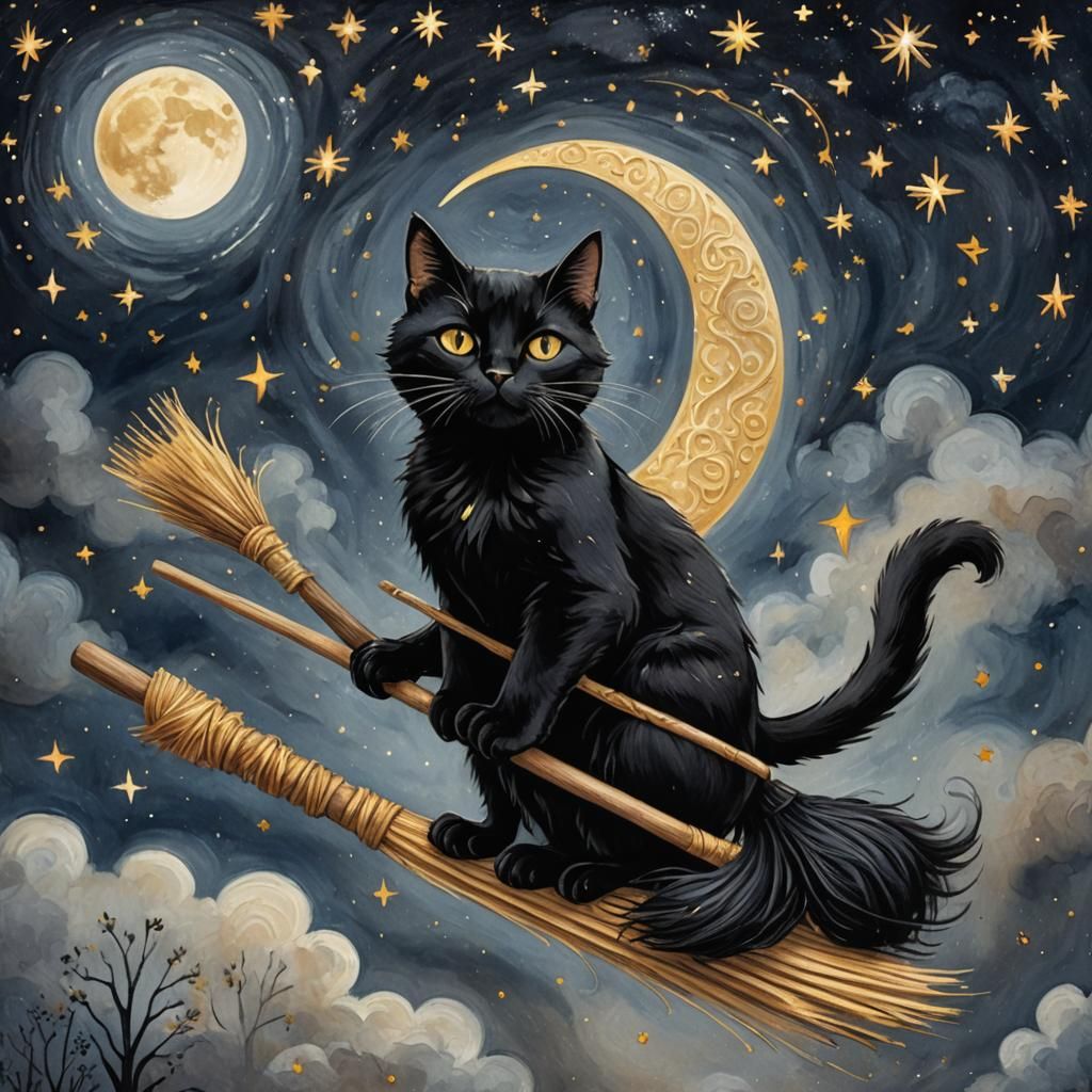 Black Cat Rides Broom in Starry Night Sky