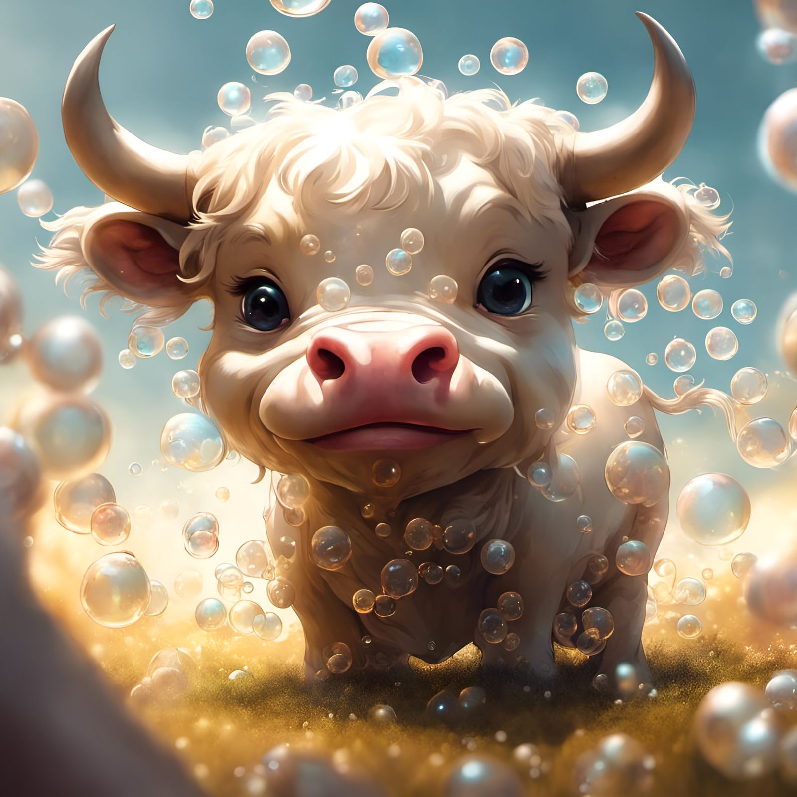 Chibi Bull Surrounded by Bubbles in Detailed 3D