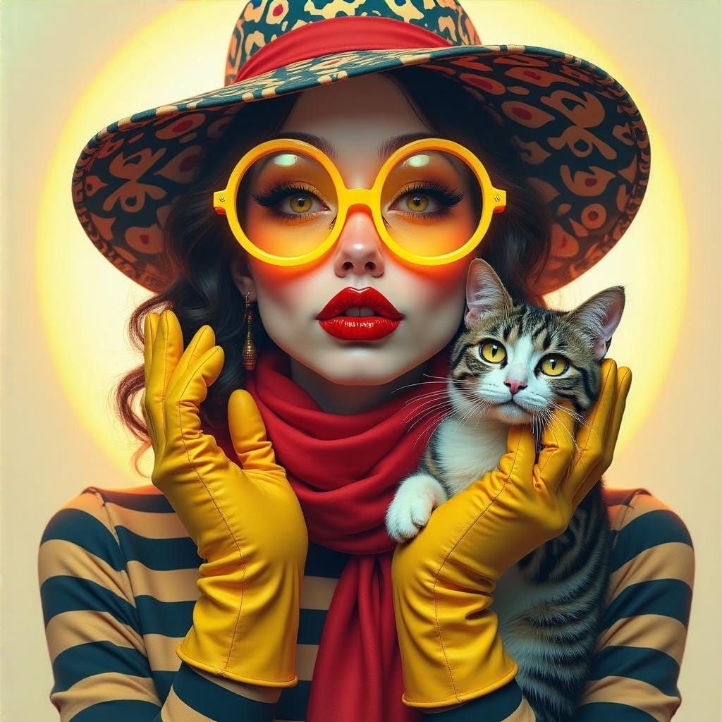 Surreal Portrait of Woman with Cat in Airbrush Style