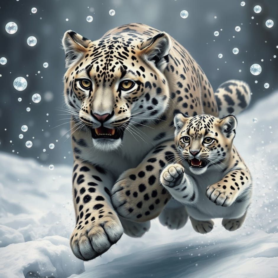 Snow Leopard Family in Hyperrealistic Wildlife Art