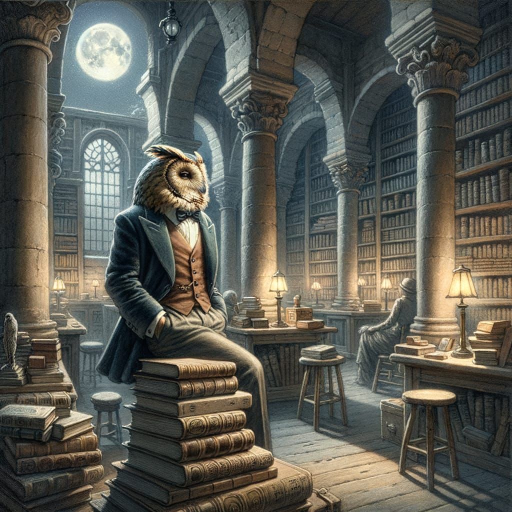Contemplative Owl in Library, as Watercolor Painting