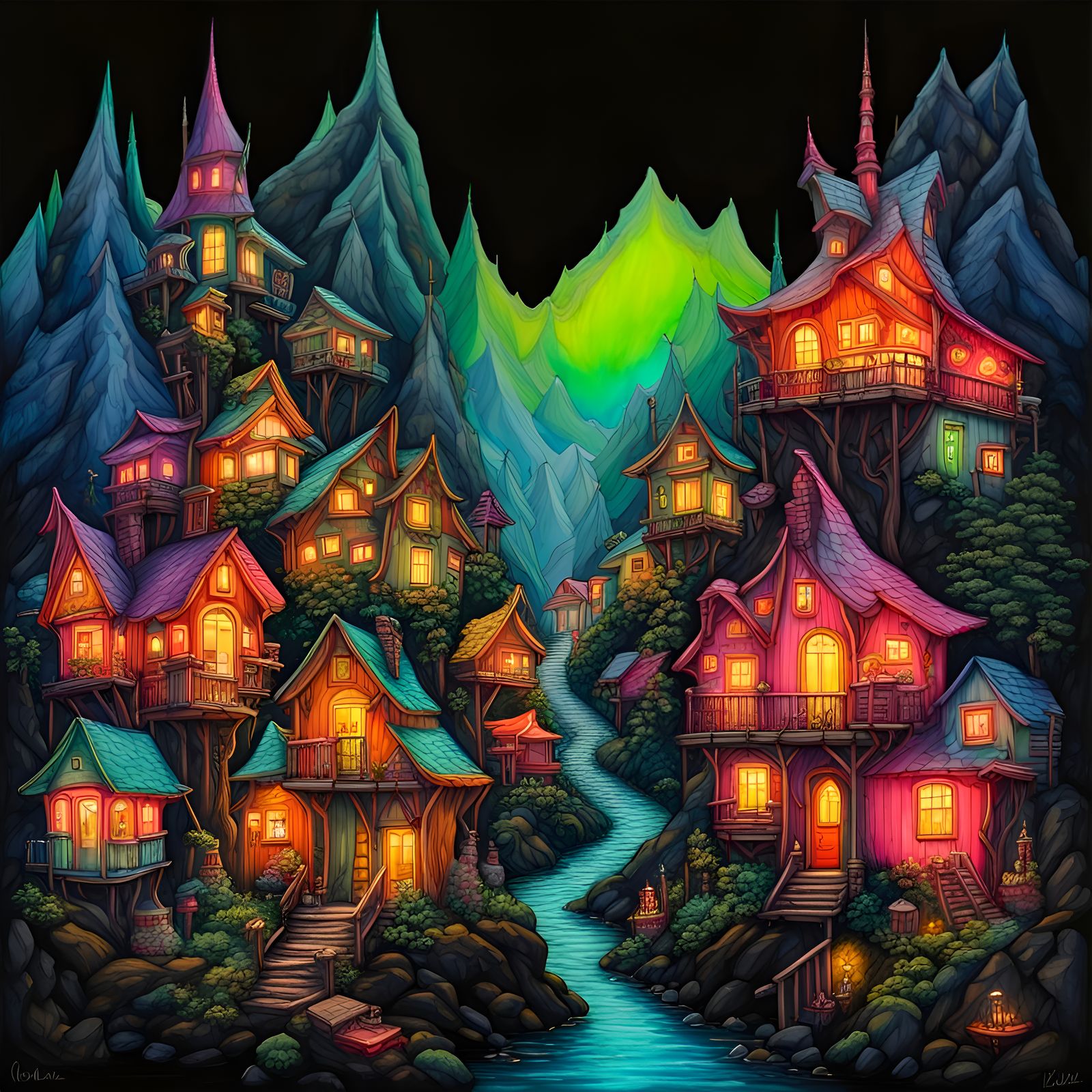 Fantasy Town on Mountainside in Watercolor and Ink