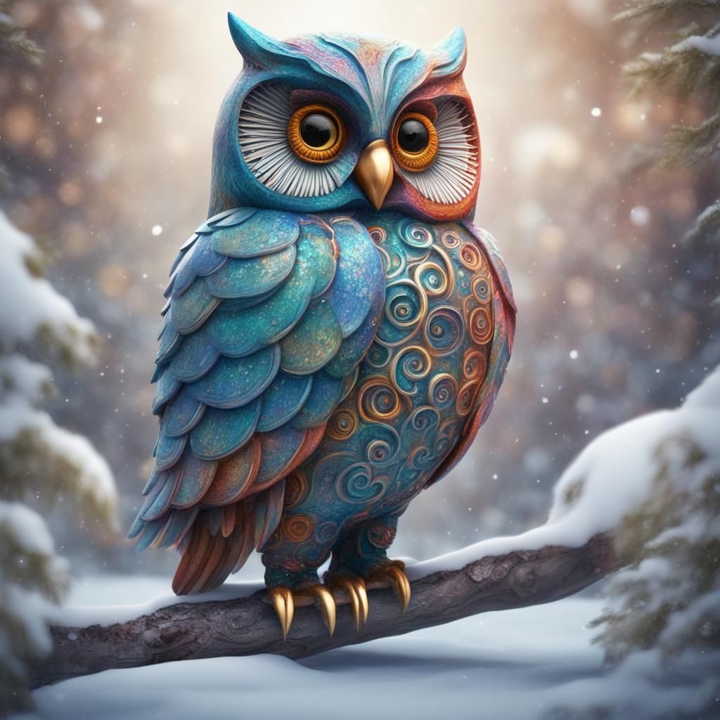 Whimsical Winter Owl Figurine in 3D Render
