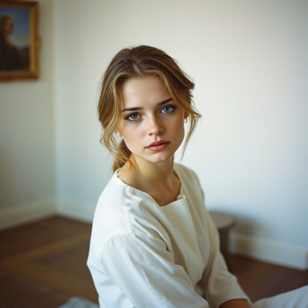 Sad Woman in Minimalist Room, Cinematic Film Still