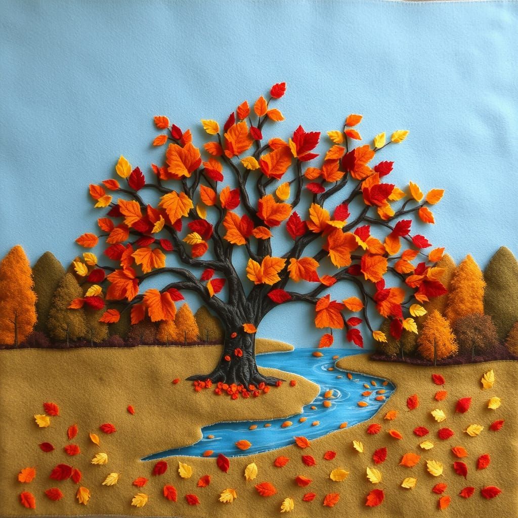 Autumnal Felt Tree by River: Textured Felt Painting