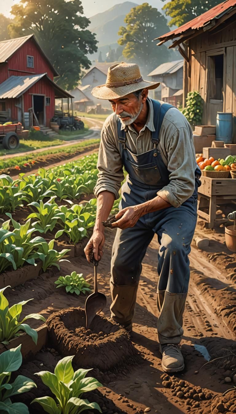 Farmer Planting Seeds in a Village: Hyperrealistic Art