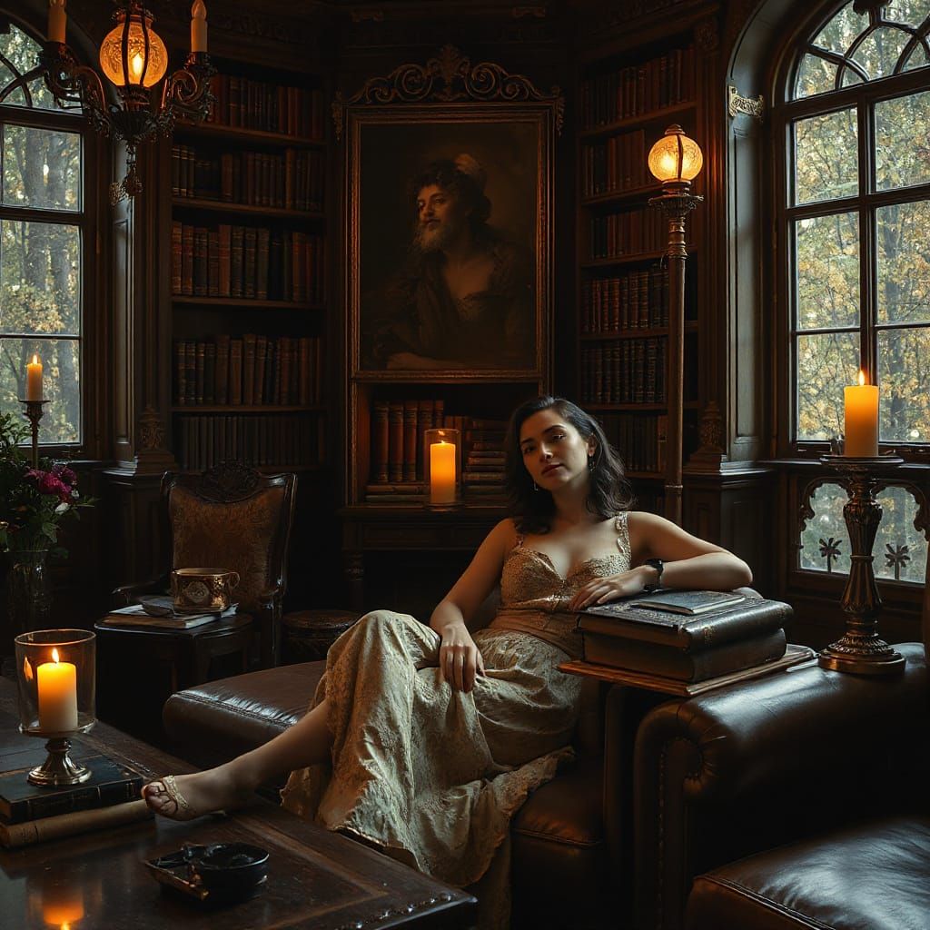 Elegant Woman in a Warm, Golden Study